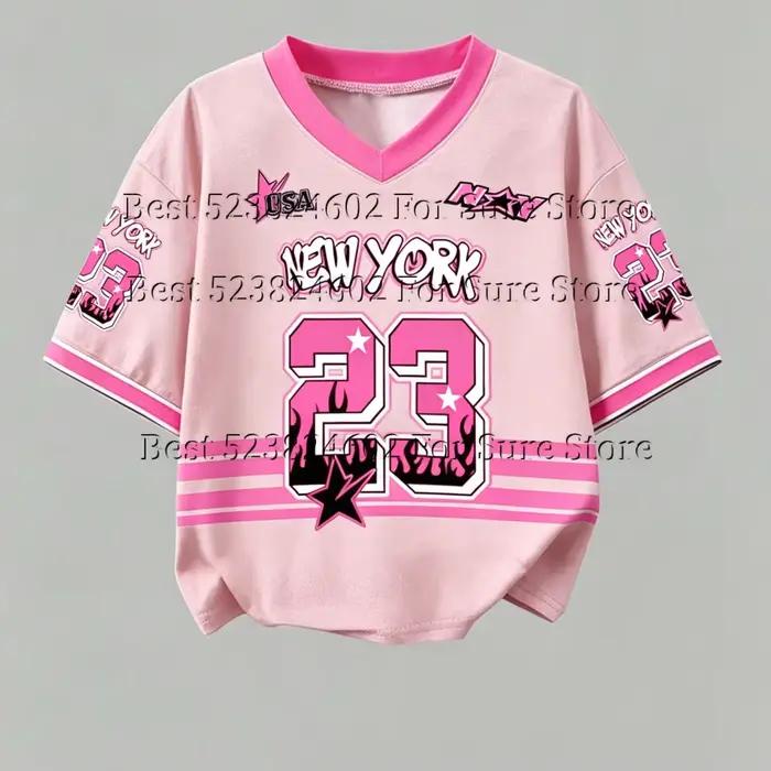 T-shirt court vintage rose et noir contrastant pour femme, motif New York 23, col en V, style Y2K Hip Hop Street, décontracté, été