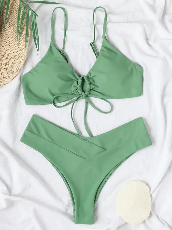 Nouveau ensemble de Bikini à haute élasticité pour 2025 été deux pièces couleur unie à lacets Sexy femmes maillot de