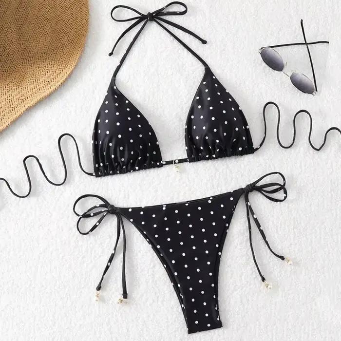 Nouveau Maillot de Bain 2 Pièces à Pois 2026 pour Femme – Ensemble Bikini Sexy Noir et Blanc Style Américain