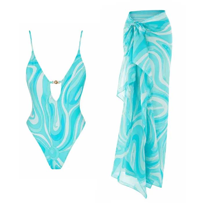 Maillot de bain une pièce à col en V profond avec jupe pour femme