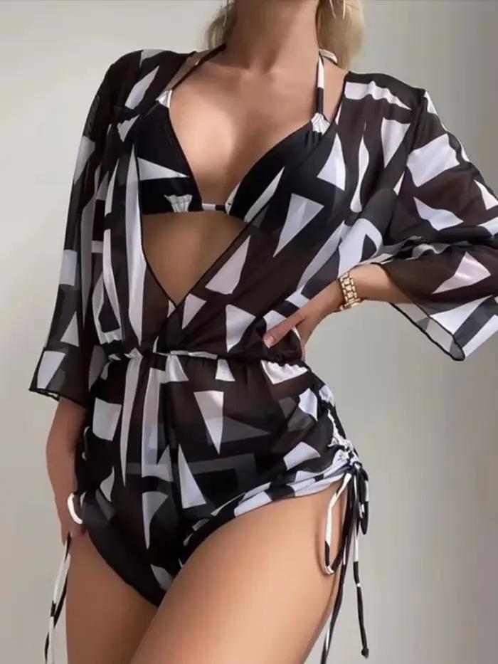 3 pièces Tankini imprimé Tropical maillot de bain licou cordon maillots