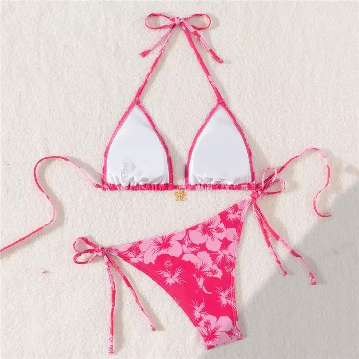 Bikinis sexy rose rouge imprimé fleurs pour femmes ensemble de maillots de bain plage été 2025 tricoter polyesters nylon
