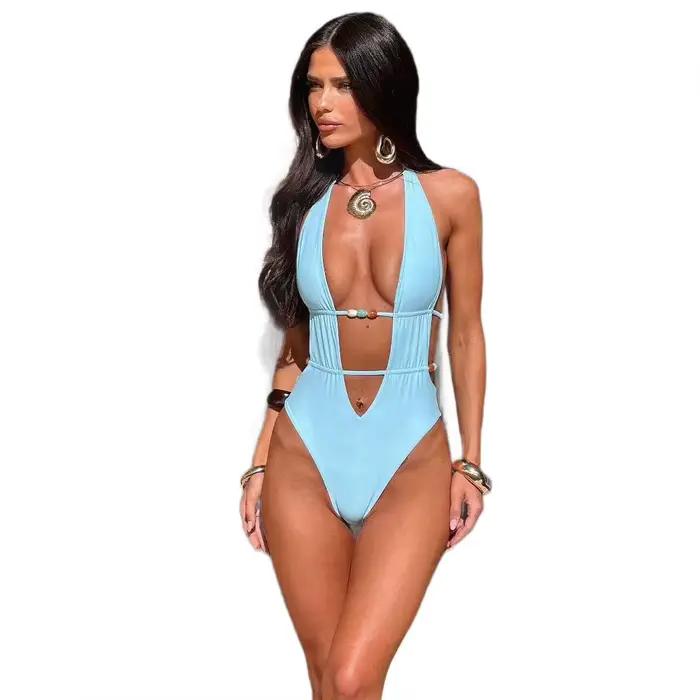 Maillot de bain une pièce sexy dos nu couleur unie