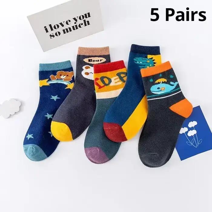5 paires de chaussettes pour enfants, longueur moyenne, dessin animé, confortables, chaudes, de haute qualité, chaussettes pour bébés, chaussettes pour garçons, quatre saisons