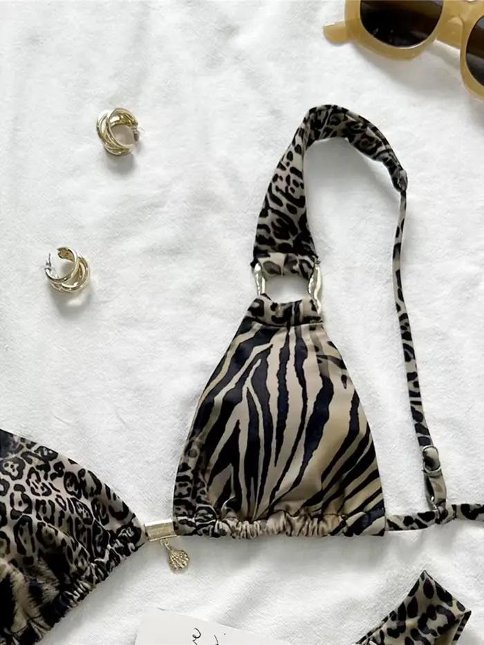 Bikini léopard en polyester et élasthanne pour femme, coupe haute, rembourré, idéal pour la plage, les vacances, la piscine, les sports nautiques et la croisière