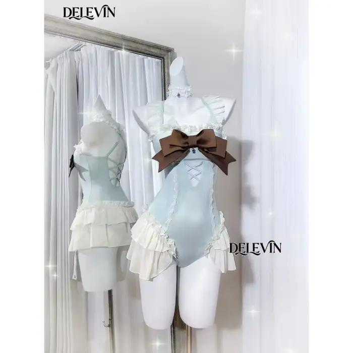 Maillot de bain une pièce original japonais couleur chocolat menthe avec nœud mignon pour femme