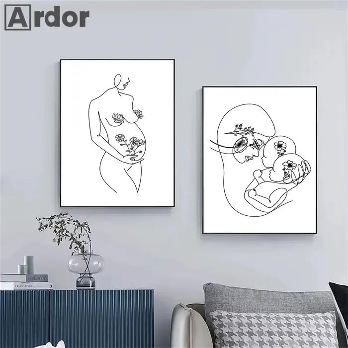 Peinture murale abstraite mère et enfant, dessin de corps de bébé, affiche d'art imprimée, image minimaliste, décor de maison