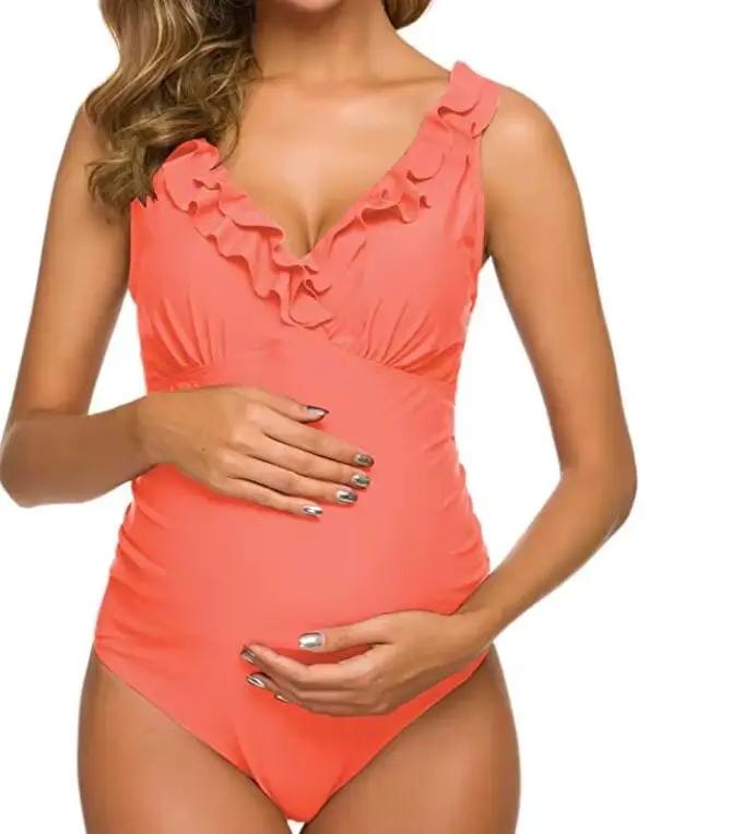 Femme enceinte Sexy maillot de bain maternité solide dos nu Bikinis Falbala à volants maillots