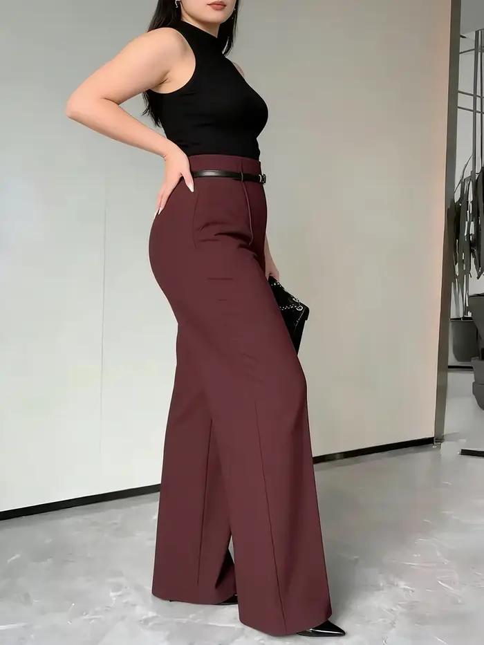 Pantalon taille haute pour femme grande taille, avec ceinture, uni, à plis, coupe large, élégant, extensible, pour le bureau, printemps-été