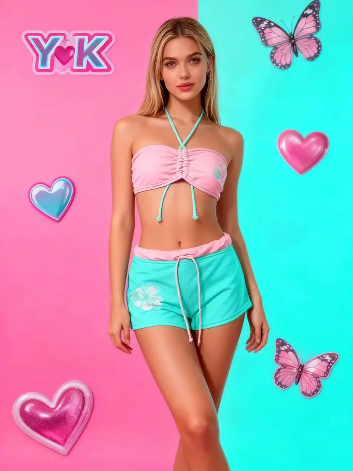 Y2K Harajuku Fille Chaude Doux Style Fleur Imprimé Bikini Ensemble de Printemps Chaud Vacances Mignon Femmes Maillot de Bain Plage Millennium Style