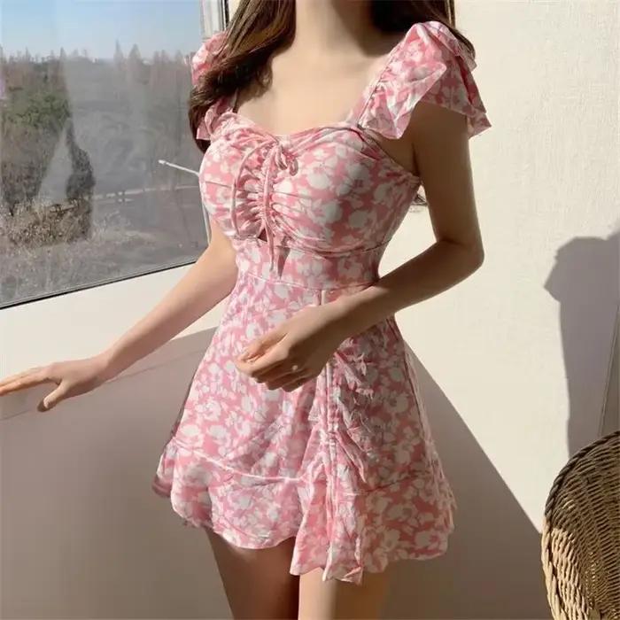 Maillot de bain une pièce vintage bleu à imprimé floral coréen pour femme 2026