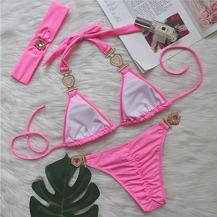 Rose Sexy Bikinis maillot de bain avec coeur strass femmes maillots