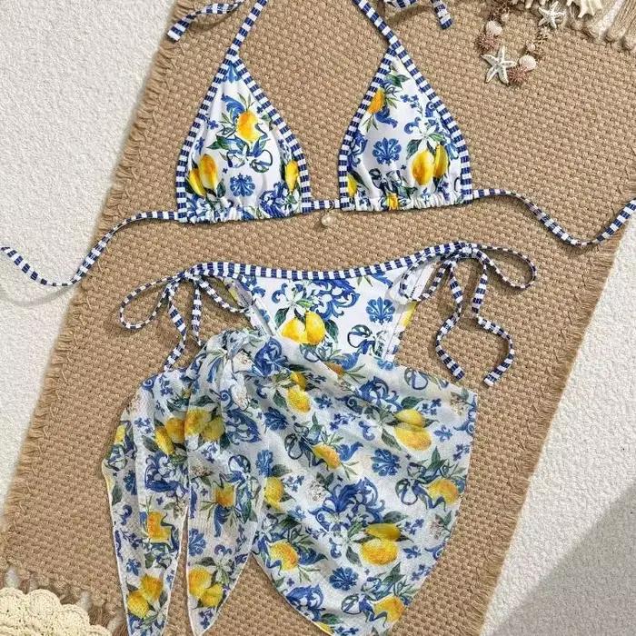 Maillot de bain bikini sexy trois pièces thème citron 2026 pour la plage et les sources chaudes – Polyester et élasthanne de haute qualité
