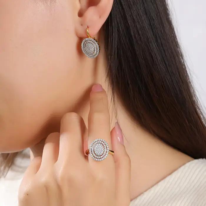 Ensemble de boucles d'oreilles et bague ovales incrustées de zircone, plaqué cuivre or 14 carats, bijoux de mode, cadeau pour femme, accessoires de luxe pour tous les jours et les fêtes
