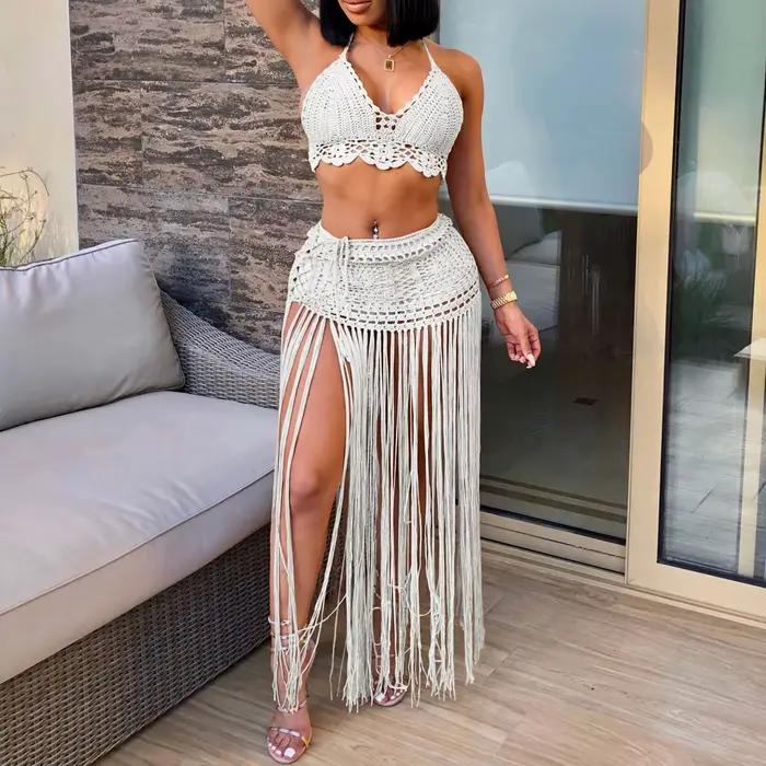 Haut de maillot de bain et jupe de plage à pampilles pour femmes, crochet solide, évider, couvertures, robe de bain imbibée, 2 pièces