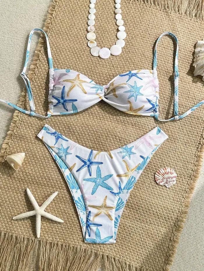 Sexy blanc étoile de mer imprimé Micro Bikini 2026 femmes plissé croix Push Up soutien-gorge string maillots de bain