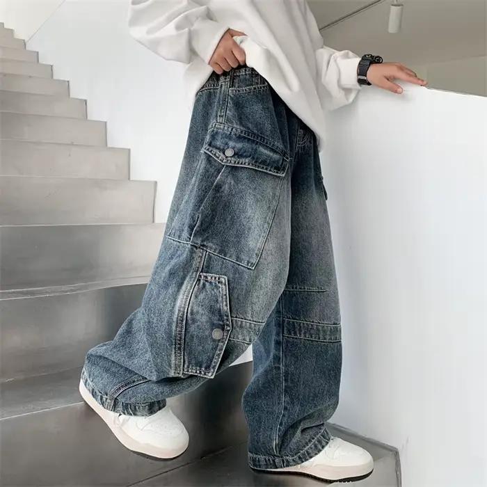 Jean Cargo incurvé avec poche pour enfants de 5 à 14 ans, nouvelle mode, Design de luxe, pour adolescents, Baggy décontracté, pantalon en Denim de charpentier