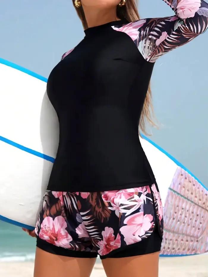 Maillot de bain floral 2026 à manches longues et taille haute pour femme