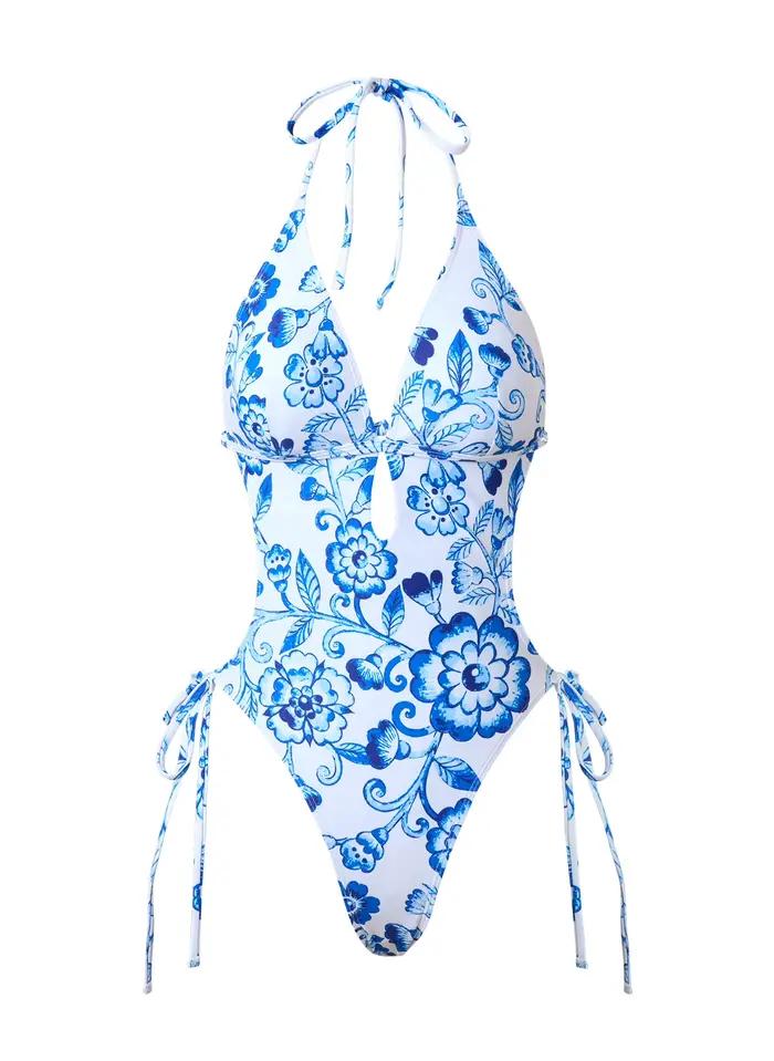 Maillot de bain une pièce avec corde imprimée bleue et blanche