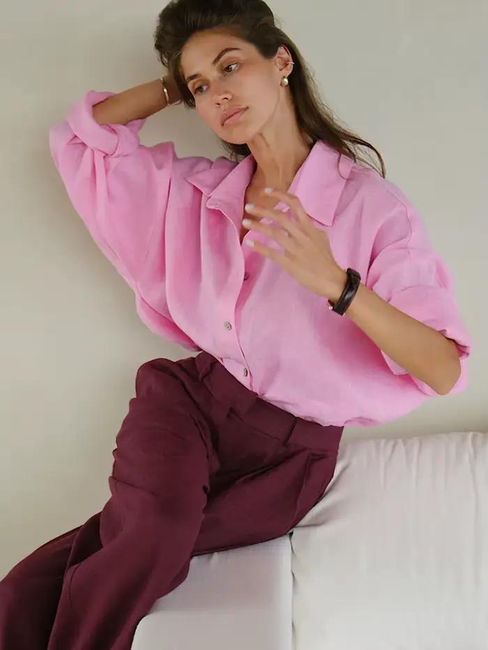 Chemise en lin à manches longues pour femmes, chemisier surdimensionné, col haut basique, coton, élégant, rose, vintage, printemps