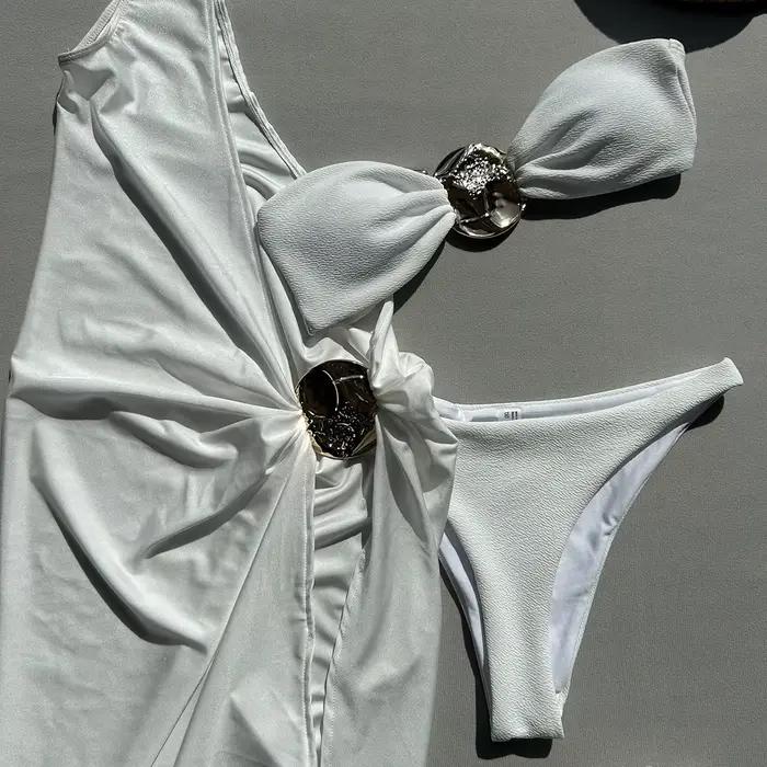 Maillot de bain femmes trois pièces ensemble Bikini avec maille couverture robe longue simple épaule