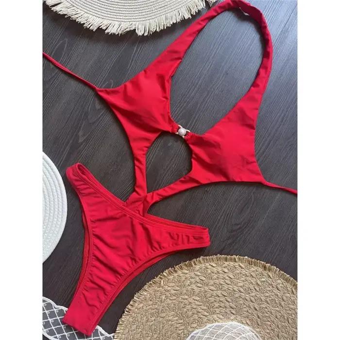 Sexy évider licou une pièce maillot de bain femmes perle métal boucle dos nu à lacets body Bikini 2025 nouveau