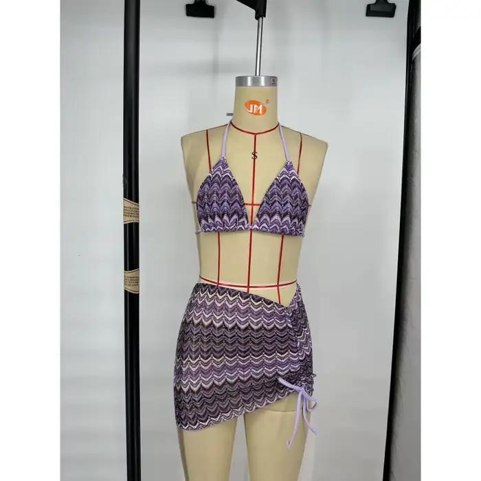 Maillot de bain 3 pièces tricoté pour femmes, ensemble Bikini avec couverture portefeuille, col licou, pour les vacances à la plage, nouvelle collection été