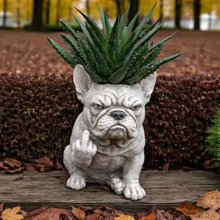 Pot de fleurs en résine en forme de bouledogue français grincheux, support de plantes élégant, ornement décoratif, décoration de jardin extérieur
