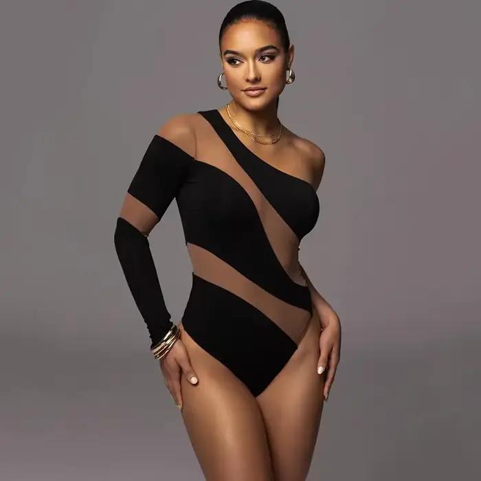 Sexy une épaule maillot de bain Transparent femmes Vintage maille Patchwork ventre contrôle une pièce