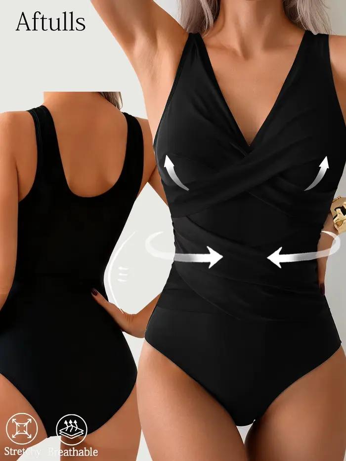Maillot de bain une pièce noir pour femme croisé devant, dos nu, effet ventre plat, plage, piscine, vacances et fêtes