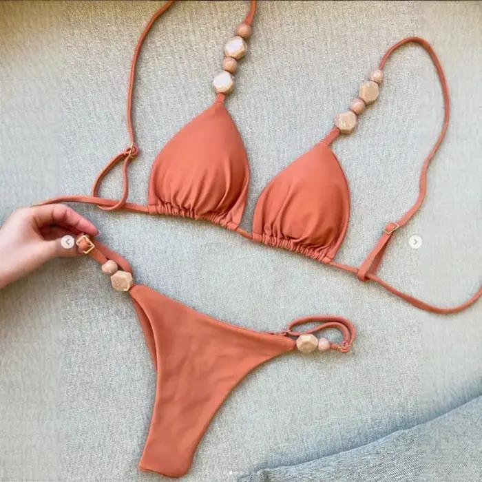 Boho Chic deux pièces ensemble de Bikini avec détails en pierre couleur unie taille haute maillot de bain vacances plage porter maillot de bain femmes