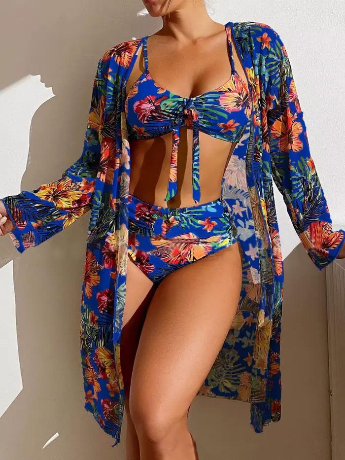 Taille S-3XL Bikini trois pièces imprimé fleuri maillot de bain femmes