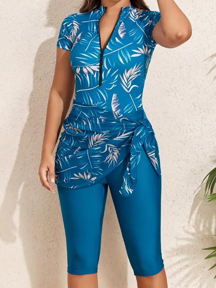 Maillot de bain trois pièces imprimé pour femme avec short et jupe de plage