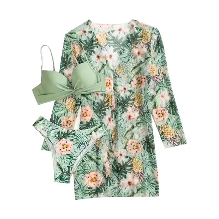 Maillot de bain 3 pièces à imprimé floral pour femmes, style jeune, taille basse, coton-polyester, idéal pour la plage, piscine et yoga