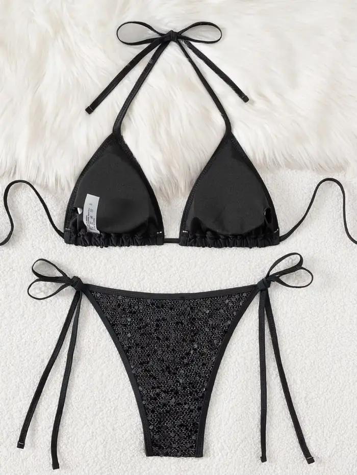 Brillant paillettes noir Bikini ensemble femmes Sexy Push Up soutien-gorge cravate côté Triangle maillot de bain 2025