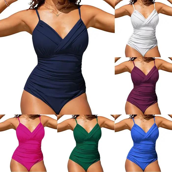 Maillot de bain une pièce sexy couleur unie plissé croisé moulant tendance et monochromatique pour femmes occasions spéciales泳裤部分保持原文不变，仅翻译最后的标题部分： ###TITRE### 热销女士单件泳衣无痕修身性感款式泳池海滩必备泳装