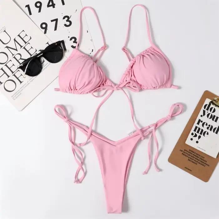 Sexy fronde Bikini Micro String extrême maillot de bain rose Bikinis ensemble