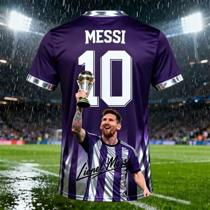 Maillot de football imprimé en 3D de Barcelone Messi n°10, décoré d'un portrait de Lionel Messi et de graphiques signés.