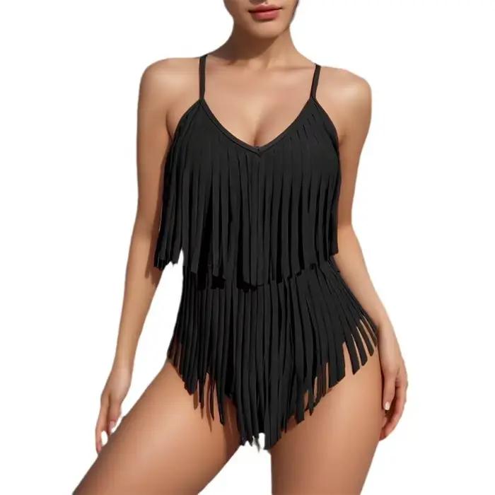 Maillot de bain une pièce couleur unie sexy à col en V