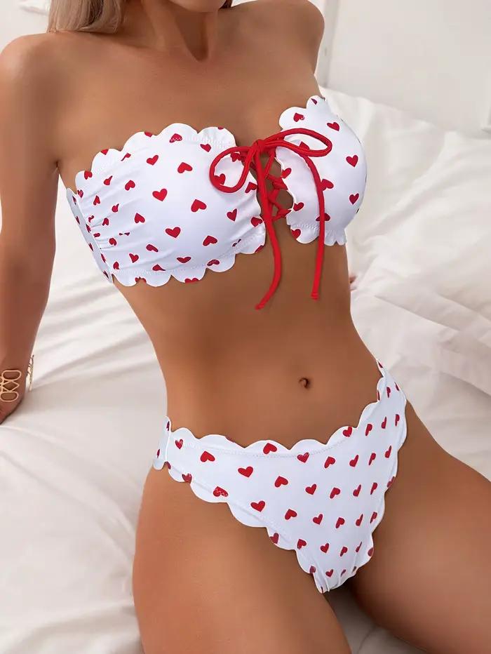 Ensemble bikini bandeau 2 pièces à motif cœur