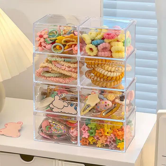 Boîte de rangement pour accessoires de cheveux à deux niveaux, boîte de rangement pour bijoux en acrylique compartimentée avec capacités de rangement multifonctionnelles