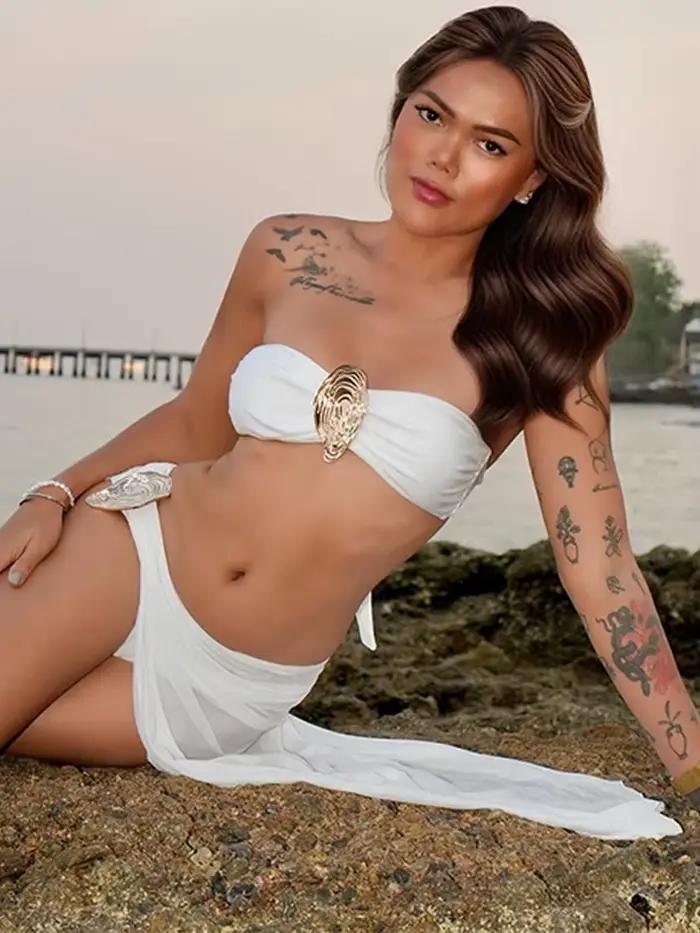 Sexy sans bretelles Bikini 3 pièces costumes femmes fronde dos nu maillots de bain avec taille basse avant fendu jupes