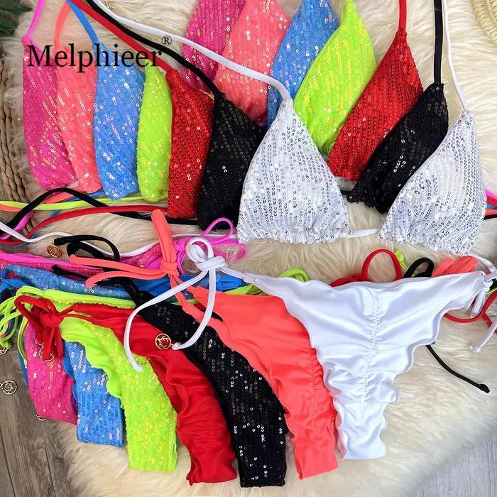 Melphieer Swim 2 pièces femmes été plage vacances froncé Bum paillettes scintillantes plaine licou sangle Bikini ensemble maillot de bain