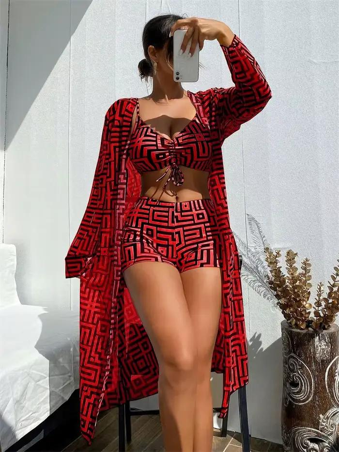 Bikini femme maillot de bain 2026 haut-waist sexy trois pièces avec rembourrage motif tartan pour plage vacances et activités nautiques