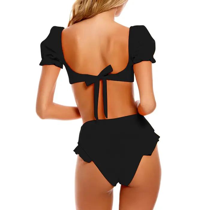 Maillot de bain sexy pour femme, ensemble bikini push-up uni, maillot de bain noir pour femme, vêtements de plage, maillot de bain rétro taille haute à bandage pour femme