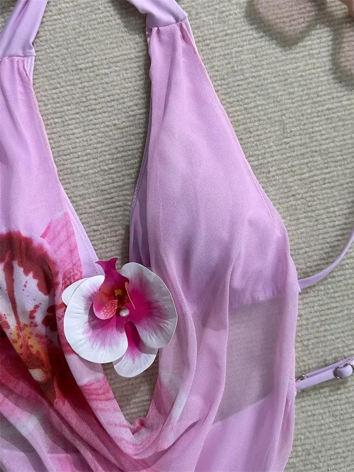 Maillot de bain 3 pièces rose imprimé pour femme