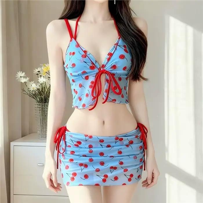 Maillot de bain quatre pièces Cherry Bikini pour femme, nouveau style, sexy, pour jeune fille, sensation haut de gamme, idéal pour les sources chaudes