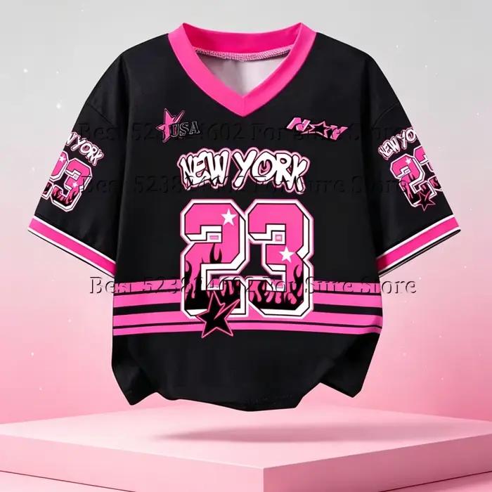T-shirt court vintage rose et noir contrastant pour femme, motif New York 23, col en V, style Y2K Hip Hop Street, décontracté, été