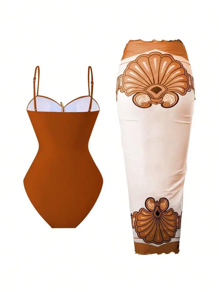 Ensemble de maillots de bain vintage à imprimé floral orange pour femme
