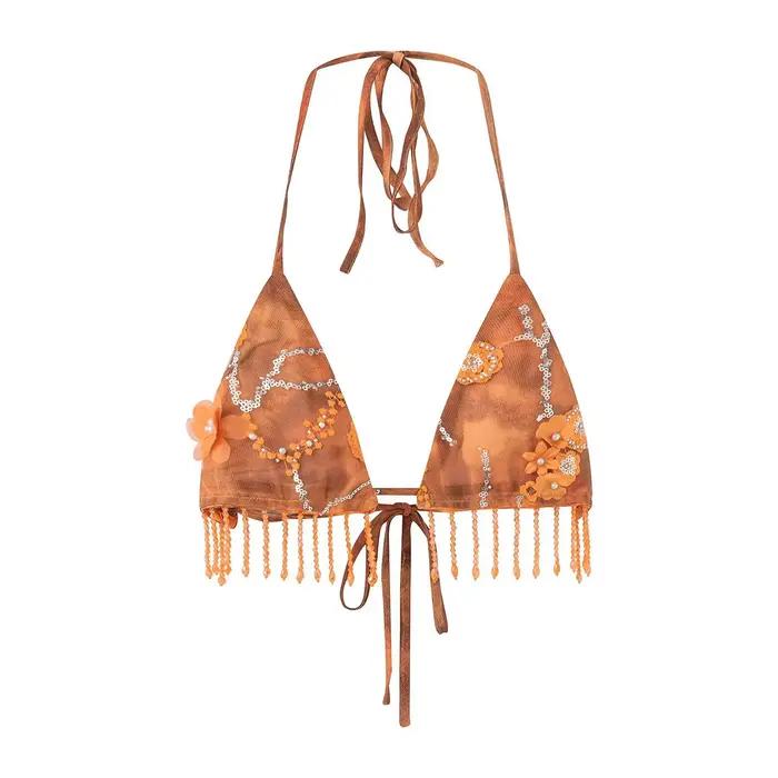 Bohème deux pièces ensemble Bikini pour femmes perle frange florale brodée Sexy col en V profond vacances à lacets jupe